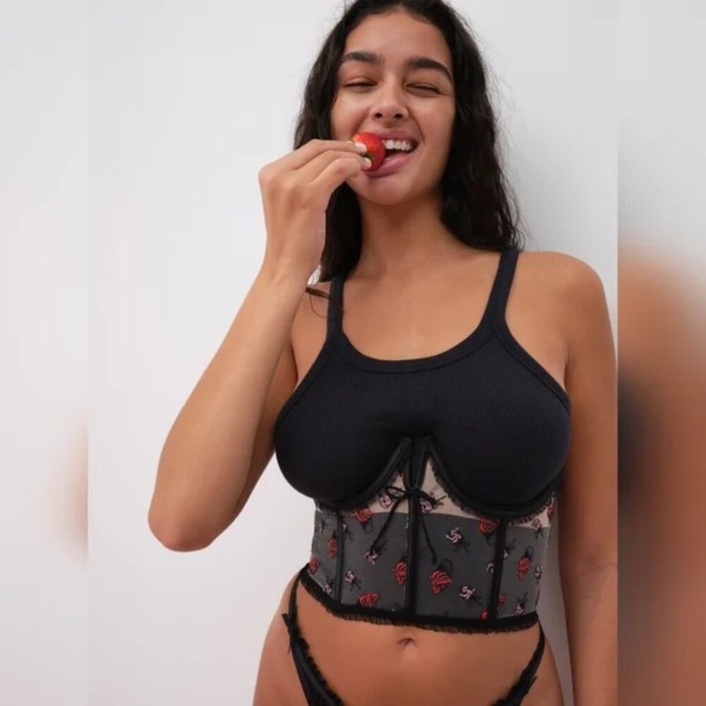 For Love & Lemons Rosie Under Bust Mesh Floral Corset Black XS